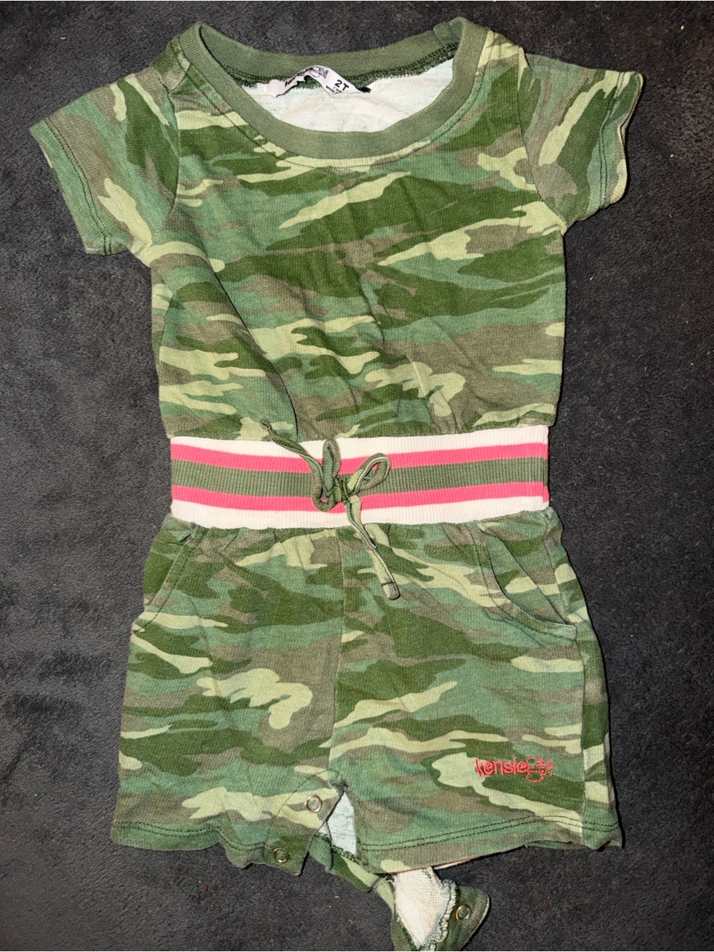 Kensie Girl Green Camo Romper with Pink-Striped Waistband
